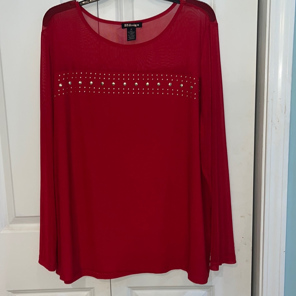 Beautiful red blouse with gold studs front. Size 2x. Sheer on top and sleeves.